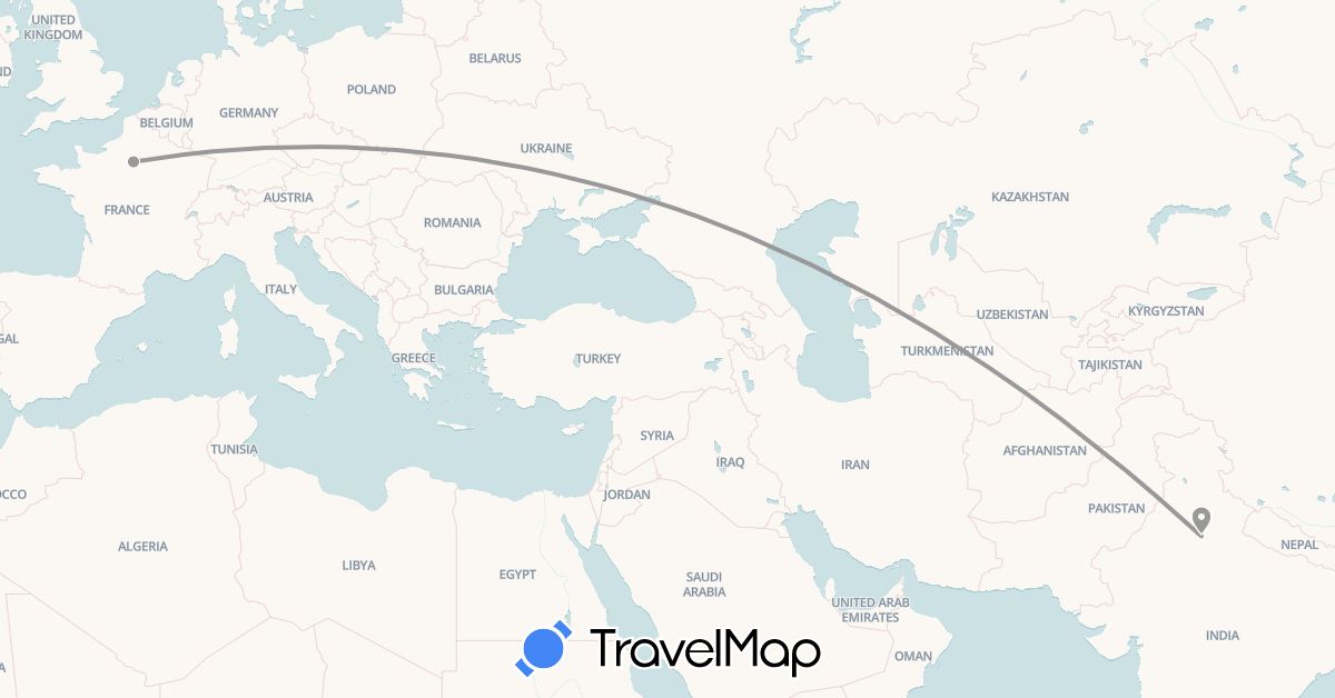 TravelMap itinerary: plane in France, India (Asia, Europe)